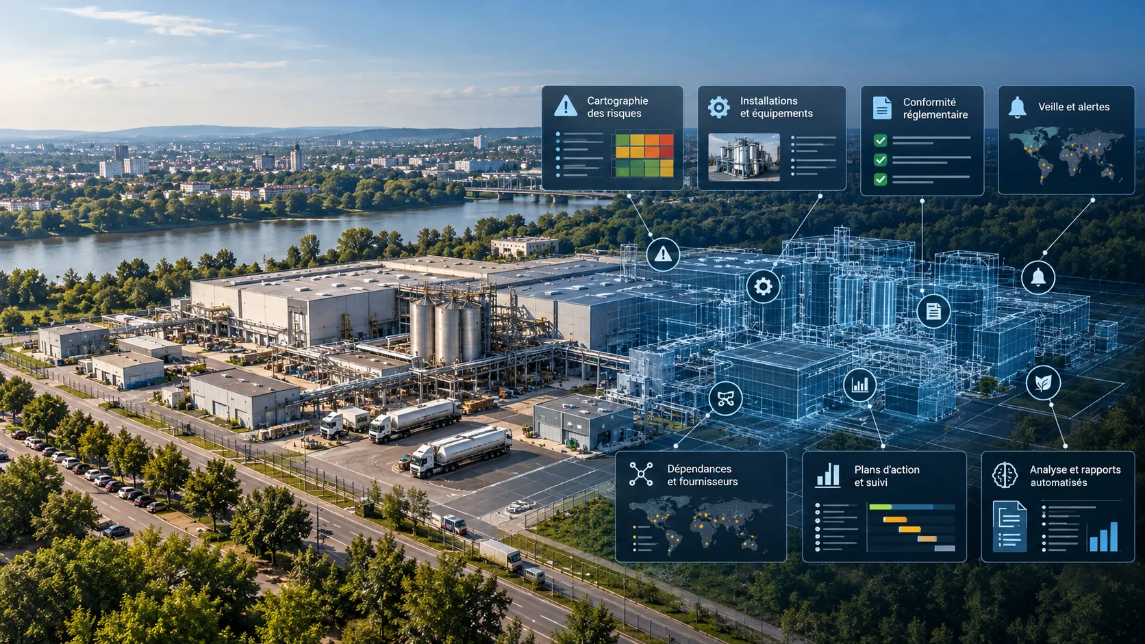 An industrial site and its digital twin: risk mapping, facilities, compliance, monitoring, dependencies, action plans and reports